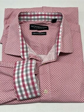 Nick Graham Men's Red Micro-Pattern Stretch Modern Fit Dress Shirt 17.5x35  1417
